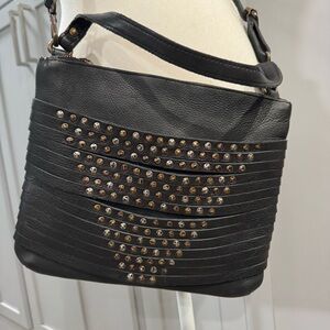 VIOLA CASTELLANI Made In Italy Leather Vintage Black Studded Crossbody Bag Purse